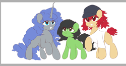 Size: 1228x644 | Tagged: safe, artist:slumber20, oc, oc:conpone, oc:contard, oc:filly anon, earth pony, pony, unicorn, art pack:chinese commission artwork expo, female, filly, open mouth, simple background, smiling