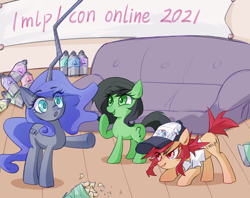 Size: 2748x2181 | Tagged: safe, artist:开清, oc, oc:conpone, oc:contard, oc:filly anon, earth pony, pony, unicorn, art pack:chinese commission artwork expo, /mlp/ con, chips, couch, female, filly, food, hat, open mouth, raised hoof, smiling, soda bottle, vestigial horn