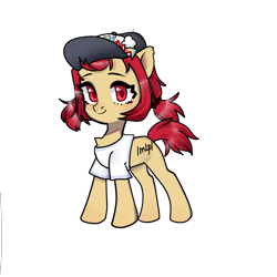 Size: 3500x3500 | Tagged: safe, artist:sacrificd, oc:conpone, earth pony, pony, art pack:chinese commission artwork expo, hat shirt, looking at you, simple background, smiling