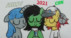 Size: 3265x1768 | Tagged: safe, artist:tamra, oc, oc:conpone, oc:contard, oc:filly anon, earth pony, pony, art pack:chinese commission artwork expo, /mlp/ con, clothes, cum jar, eyes closed, female, filly, hat, jar, shirt, smiling, vestigial horn