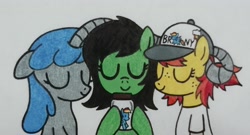 Size: 3265x1768 | Tagged: safe, artist:tamra, oc, oc:conpone, oc:contard, oc:filly anon, earth pony, pony, art pack:chinese commission artwork expo, /mlp/ con, clothes, cum jar, eyes closed, female, filly, hat, jar, shirt, smiling, vestigial horn