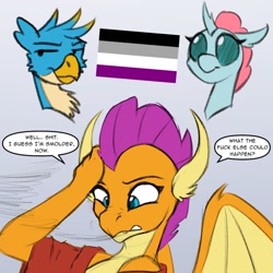 Size: 1024x1024 | Tagged: safe, artist:acesential, artist:tf-sential, imported from twibooru, gallus, ocellus, smolder, changeling, dragon, griffon, image, needs more jpeg, post-transformation, text, transformation