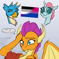 Size: 1024x1024 | Tagged: safe, artist:acesential, artist:tf-sential, imported from twibooru, gallus, ocellus, smolder, changeling, griffon, image, needs more jpeg, post-transformation, text, transformation