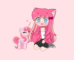 Size: 2048x1657 | Tagged: safe, artist:kittyrosie, imported from derpibooru, oc, oc only, oc:rosa flame, human, pony, unicorn, clothes, duo, ear fluff, heart, humanized, jacket, petting, self ponidox, simple background