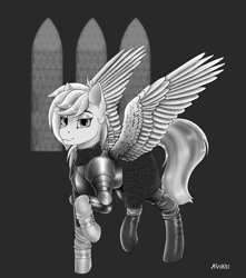 Size: 2921x3308 | Tagged: safe, artist:kviksi, imported from derpibooru, rainbow dash, pegasus, pony, armor, female, high res, knight, looking at you, military, monochrome, simple background, solo