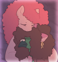 Size: 954x1017 | Tagged: safe, artist:greenarsonist, imported from derpibooru, pinkie pie, oc, oc:frizz, earth pony, griffon, pony, afro, beak, cat ears, chubbie pie, chubby, comforting, fluffy hair, griffon oc, hug, male, nonbinary, trans male, transgender, unshorn fetlocks, vent art