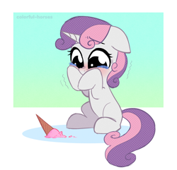 Size: 2150x2076 | Tagged: safe, artist:syrupyyy, imported from derpibooru, sweetie belle, pony, unicorn, adorable distress, blushing, crying, cute, diasweetes, dropped ice cream, female, filly, floppy ears, food, high res, ice cream, ice cream cone, missing cutie mark, sad, sadorable, solo