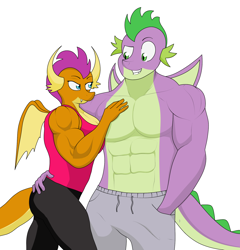 Size: 1676x1747 | Tagged: safe, artist:matchstickman, imported from derpibooru, smolder, spike, anthro, dragon, abs, beefspike, biceps, breasts, busty smolder, clothes, deltoids, dragoness, female, hand on chest, hand on hip, implied tail hole, lizard breasts, looking at each other, male, muscles, muscular female, muscular male, pants, partial nudity, pecs, shipping, shirt, simple background, sleeveless, sleeveless shirt, spolder, straight, swolder, topless, white background, winged spike, wings