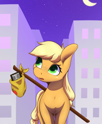 Size: 1636x2000 | Tagged: safe, artist:aquaticvibes, imported from derpibooru, applejack, earth pony, pony, the cutie mark chronicles, atg 2021, crescent moon, female, filly, filly applejack, freckles, hatless, journey, looking up, mare, missing accessory, moon, newbie artist training grounds, night, open mouth, sack, scene interpretation, solo, younger