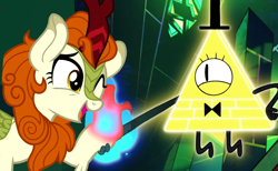 Size: 780x480 | Tagged: safe, imported from derpibooru, autumn blaze, kirin, bill cipher, crossover, deal with the devil, duo, female, gravity falls, male, one eye open, one eyed, this will end in possession, this will not end well, weirdmageddon 4: somewhere in the woods