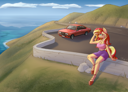 Size: 2953x2126 | Tagged: safe, artist:dandy, imported from derpibooru, sunset shimmer, anthro, unguligrade anthro, unicorn, beautiful, belly button, breasts, busty sunset shimmer, car, chest fluff, cleavage, cleavage fluff, clothes, coast, ear fluff, female, ford escort, high res, hoof shoes, horn, legs, mare, miniskirt, newbie artist training grounds, ocean, outdoors, road, road trip, scenery, shoes, short shirt, sitting, skirt, solo, tanktop