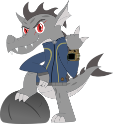 Size: 3224x3546 | Tagged: safe, artist:ponygamer2020, artist:porygon2z, imported from derpibooru, oc, oc only, oc:draco axel, dragon, fallout equestria, clothes, dragon oc, fallout, feet, high res, jumpsuit, looking at you, male, rock, simple background, smiling, smiling at you, solo, teeth, transparent background, vault suit, vector