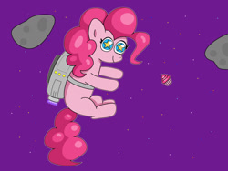 Size: 1280x960 | Tagged: safe, artist:limitmj, imported from derpibooru, pinkie pie, earth pony, pony, atg 2021, backpack, cupcake, cute, female, floating, food, heart eyes, jetpack, mare, newbie artist training grounds, solo, space, starry eyes, wingding eyes