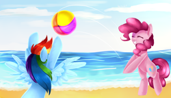 Size: 3500x2000 | Tagged: safe, artist:voilet14, imported from derpibooru, pinkie pie, rainbow dash, earth pony, pegasus, pony, beach, beach ball, bipedal, duo, duo female, female, high res, mare, ocean, sports, volleyball