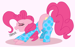 Size: 2443x1542 | Tagged: safe, artist:legendoflink, imported from derpibooru, pinkie pie, earth pony, pony, balloonbutt, blushing, butt, clothes, cute, diapinkes, face down ass up, female, floppy ears, mare, pajamas, plot, simple background, sleepy, yawn