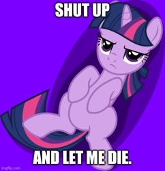 Size: 500x516 | Tagged: safe, artist:dewlshock, imported from derpibooru, imported from twibooru, twilight sparkle, pony, caption, front view, frown, image macro, lying down, meme, purple background, simple background, solo, text, twilight is not amused, twilight sparkle is not amused, unamused