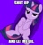 Size: 500x516 | Tagged: safe, artist:dewlshock, imported from derpibooru, imported from twibooru, twilight sparkle, pony, caption, front view, frown, image macro, lying down, meme, purple background, simple background, solo, text, twilight is not amused, twilight sparkle is not amused, unamused