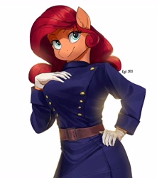 Size: 3182x3592 | Tagged: safe, artist:cadillac-dynamite, artist:cadillacdynamite, imported from derpibooru, oc, oc only, oc:cinnarose, anthro, earth pony, pony, belt, clothes, commission, commissioner:weeb nota, gloves, hand on hip, high res, simple background, solo, uniform, white background