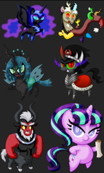 Size: 720x1195 | Tagged: safe, artist:aleximusprime, imported from derpibooru, discord, king sombra, lord tirek, nightmare moon, queen chrysalis, starlight glimmer, alicorn, centaur, changeling, changeling queen, draconequus, pony, unicorn, season 5, the cutie re-mark, angry, bipedal, black background, chibi, cute, discute, female, male, mare, s5 starlight, scroll, simple background, sombra eyes, stallion, transparent background, villains of equestria