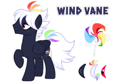 Size: 1596x1080 | Tagged: safe, artist:jvartes6112, imported from derpibooru, oc, oc only, oc:wind vane, pegasus, pony, male, multicolored hair, offspring, parent:rainbow dash, parent:soarin', parents:soarindash, pegasus oc, pinwheel (toy), rainbow hair, raised hoof, reference sheet, simple background, smiling, solo, stallion, transparent background, wings