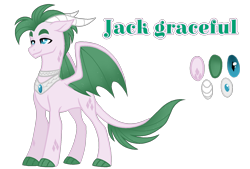 Size: 1596x1080 | Tagged: safe, artist:jvartes6112, imported from derpibooru, oc, oc only, oc:jack graceful, dracony, dragon, hybrid, pony, dragon oc, horns, interspecies offspring, jewelry, male, necklace, offspring, parent:rarity, parent:spike, parents:sparity, reference sheet, simple background, smiling, solo, transparent background, wings