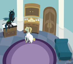 Size: 6947x6164 | Tagged: safe, artist:misskanabelle, imported from derpibooru, queen chrysalis, oc, changeling, changeling queen, pony, clothes, doctor, duo, female, indoors, lab coat, pregnancy test, signature, sitting, story included