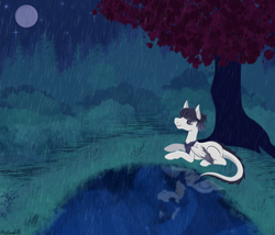 Size: 1750x1500 | Tagged: safe, artist:misskanabelle, imported from derpibooru, oc, oc only, oc:mariane, pegasus, pony, full moon, looking up, lying down, moon, night, outdoors, pegasus oc, pond, prone, reflection, signature, solo, tree, two toned wings, wings