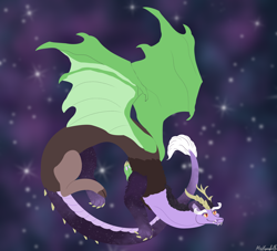 Size: 1750x1592 | Tagged: safe, artist:misskanabelle, imported from derpibooru, oc, oc only, oc:constellation, draconequus, draconequus oc, flying, interspecies offspring, male, night, offspring, parent:discord, parent:ursa major, signature, solo, stars