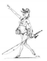 Size: 1000x1304 | Tagged: safe, artist:baron engel, imported from derpibooru, hayseed turnip truck, anthro, unguligrade anthro, belly button, breasts, busty hayseed turnip truck, clothes, cooler, fishing rod, monochrome, patreon, patreon reward, pencil drawing, rule 63, shirt, simple background, swimsuit, t-shirt, traditional art, waving, white background