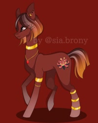 Size: 1080x1350 | Tagged: safe, artist:sia.brony, imported from derpibooru, oc, oc only, earth pony, pony, choker, ear piercing, earth pony oc, eyelashes, female, jewelry, mare, necklace, piercing, red background, simple background, smiling, solo