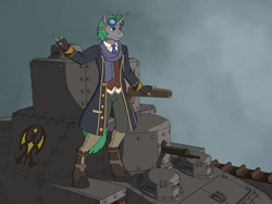 Size: 1800x1350 | Tagged: safe, artist:wptaimuty, imported from derpibooru, oc, oc only, oc:steam shadow, anthro, unicorn, anthro oc, clothes, fog, goggles, male, panzer, scarf, solo, stallion, steampunk, tank (vehicle), victorian, war, world war i