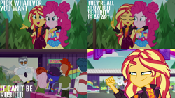 Size: 1280x720 | Tagged: safe, edit, edited screencap, editor:quoterific, imported from derpibooru, screencap, curly winds, pinkie pie, some blue guy, sunset shimmer, equestria girls, equestria girls series, sunset's backstage pass!, spoiler:eqg series (season 2), clothes, cute, cutie mark, cutie mark on clothes, diapinkes, eyes closed, female, geode of empathy, geode of sugar bombs, magical geodes, male, music festival outfit, open mouth, shimmerbetes, smiling