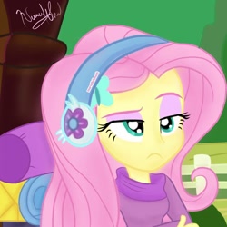 Size: 1080x1080 | Tagged: safe, artist:fluttershy_art.nurul, imported from derpibooru, fluttershy, dungeons and discords, equestria girls, season 6, crossed arms, equestria girls interpretation, female, fluttershy is not amused, hairpin, headphones, scene interpretation, solo, unamused