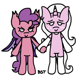 Size: 2000x2000 | Tagged: safe, artist:bloodysticktape, imported from derpibooru, oc, oc only, oc:beetard, oc:floports, bat pony, unicorn, duo, female, high res