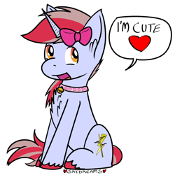 Size: 1000x1000 | Tagged: safe, artist:skydreams, imported from derpibooru, oc, oc only, oc:cinnamon lightning, pony, unicorn, bell, bell collar, bow, captain obvious, chest fluff, collar, crossdressing, femboy, heart, male, patreon, patreon reward, simple background, sitting, solo, speech bubble, truth, unshorn fetlocks, white background