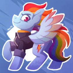 Size: 1600x1600 | Tagged: safe, artist:aphelionmars, imported from derpibooru, rainbow dash, pegasus, pony, the last problem, blue background, clothes, colored wings, digital art, female, jacket, mare, multicolored mane, multicolored wings, older, older rainbow dash, profile, raised hoof, shading, short mane, signature, simple background, smiling, solo, standing, sweater, texture, turtleneck, wings
