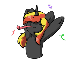 Size: 907x752 | Tagged: safe, artist:alex69vodka, imported from derpibooru, oc, oc only, oc:java, pony, unicorn, bust, confetti, eyes closed, female, happy, party horn, raised hoof, simple background, sticker, transparent background