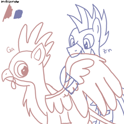 Size: 1500x1500 | Tagged: safe, artist:melisareb, imported from derpibooru, oc, oc only, oc:gavin gallium, oc:zee zinc, griffon, zebra, 1000 hours in ms paint, assisted preening, bipedal, duo, gallium, griffon oc, grooming, male, periodic table, preening, simple background, stallion, white background, wings, wip, zebra oc, zinc