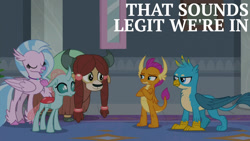 Size: 1280x720 | Tagged: safe, edit, edited screencap, editor:quoterific, imported from derpibooru, screencap, gallus, ocellus, silverstream, smolder, yona, changedling, changeling, dragon, griffon, hippogriff, yak, school daze, season 8, spoiler:s08, crossed arms, eyes closed, female, male, smiling