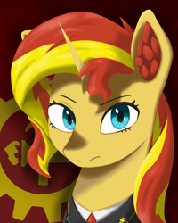 Size: 2480x3105 | Tagged: safe, artist:闪电_lightning, imported from derpibooru, sunset shimmer, pony, unicorn, equestria at war mod, bust, clothes, eyebrows, eyelashes, female, frown, high res, looking at you, mare, portrait, solo, uniform