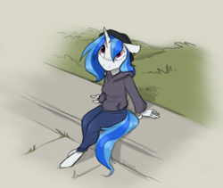 Size: 995x841 | Tagged: safe, artist:sinrar, imported from derpibooru, dj pon-3, vinyl scratch, anthro, unguligrade anthro, unicorn, cigarette, clothes, female, hat, hoodie, looking up, missing accessory, pants, purple eyes, smoking, solo