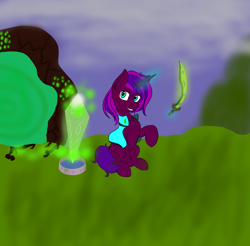 Size: 3334x3283 | Tagged: safe, artist:kasper, imported from derpibooru, oc, oc:whisper, unicorn, alfheim portal, botania, first time, high res, mana pool, terra obelisc, terra sword