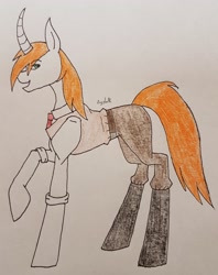 Size: 2541x3204 | Tagged: safe, artist:agdapl, imported from derpibooru, pony, unicorn, boots, clothes, female, high res, mare, medic, necktie, ponified, raised hoof, rule 63, shoes, signature, species swap, traditional art