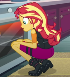 Size: 256x283 | Tagged: safe, imported from derpibooru, screencap, sunset shimmer, equestria girls, equestria girls series, holidays unwrapped, spoiler:eqg series (season 2), ass, boots, bunset shimmer, butt, cropped, oven, saving pinkie's pie, shoes, solo, squatting