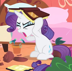 Size: 544x535 | Tagged: safe, imported from derpibooru, screencap, rarity, pony, unicorn, look before you sleep, season 1, book, cropped, eyes closed, female, golden oaks library, leaf, open mouth, solo