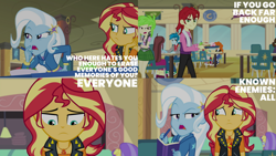 Size: 1280x720 | Tagged: safe, edit, edited screencap, editor:quoterific, imported from derpibooru, screencap, cherry crash, golden hazel, sunset shimmer, trixie, equestria girls, equestria girls series, forgotten friendship, book, cafeteria, clothes, cutie mark, cutie mark on clothes, female, geode of empathy, jacket, jewelry, leather, leather jacket, magical geodes, male, necklace, open mouth