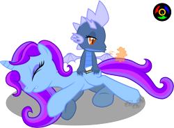 Size: 2831x2080 | Tagged: safe, artist:kyoshyu, imported from derpibooru, oc, oc only, oc:emmy, oc:typeset, dragon, pony, unicorn, female, high res, lying down, mare, prone, simple background, transparent background