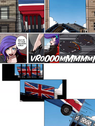 Size: 1800x2400 | Tagged: safe, artist:ilacavgbmjc, imported from derpibooru, rarity, human, equestria girls, boots, bridge, britain, british, bus, clothes, comic, comic page, crossover, driving, gloves, great britain, high heels, humanized, jumping, london, motorcross, pedal, road rage, seat, shoes, solo, speedometer, spice girls, spice world, steering wheel, stiletto heels, united kingdom