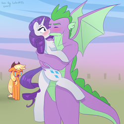 Size: 4000x4000 | Tagged: safe, artist:xjenn9, imported from derpibooru, applejack, rarity, spike, dragon, earth pony, pony, unicorn, blushing, crying, eyes closed, female, implied applespike, implied lesbian, implied rarijack, implied shipping, implied straight, kiss on the lips, kissing, larger male, male, older, older spike, shipping, shipping denied, smaller female, sparity, straight