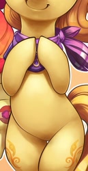 Size: 421x813 | Tagged: safe, artist:xennos, edit, imported from derpibooru, apple bloom, oc, oc:kwankao, earth pony, pony, apple bloom's cutie mark, belly, bipedal, cropped, exploitable meme, featureless crotch, hooves together, meme, offscreen character, pictures of bellies, smiling, solo focus